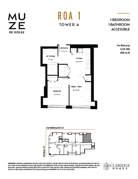 Floor plan for 1 bed, 1 bath, 628 sqft